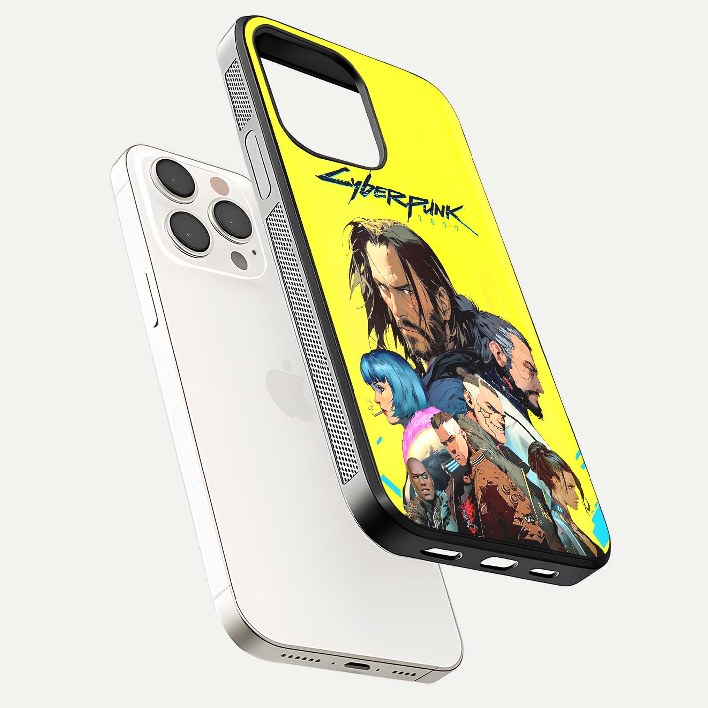 Neon Rebel Genesis Glass Case for iPhone 15 Pro Max floating dual-view mockup showing electric glow and depth