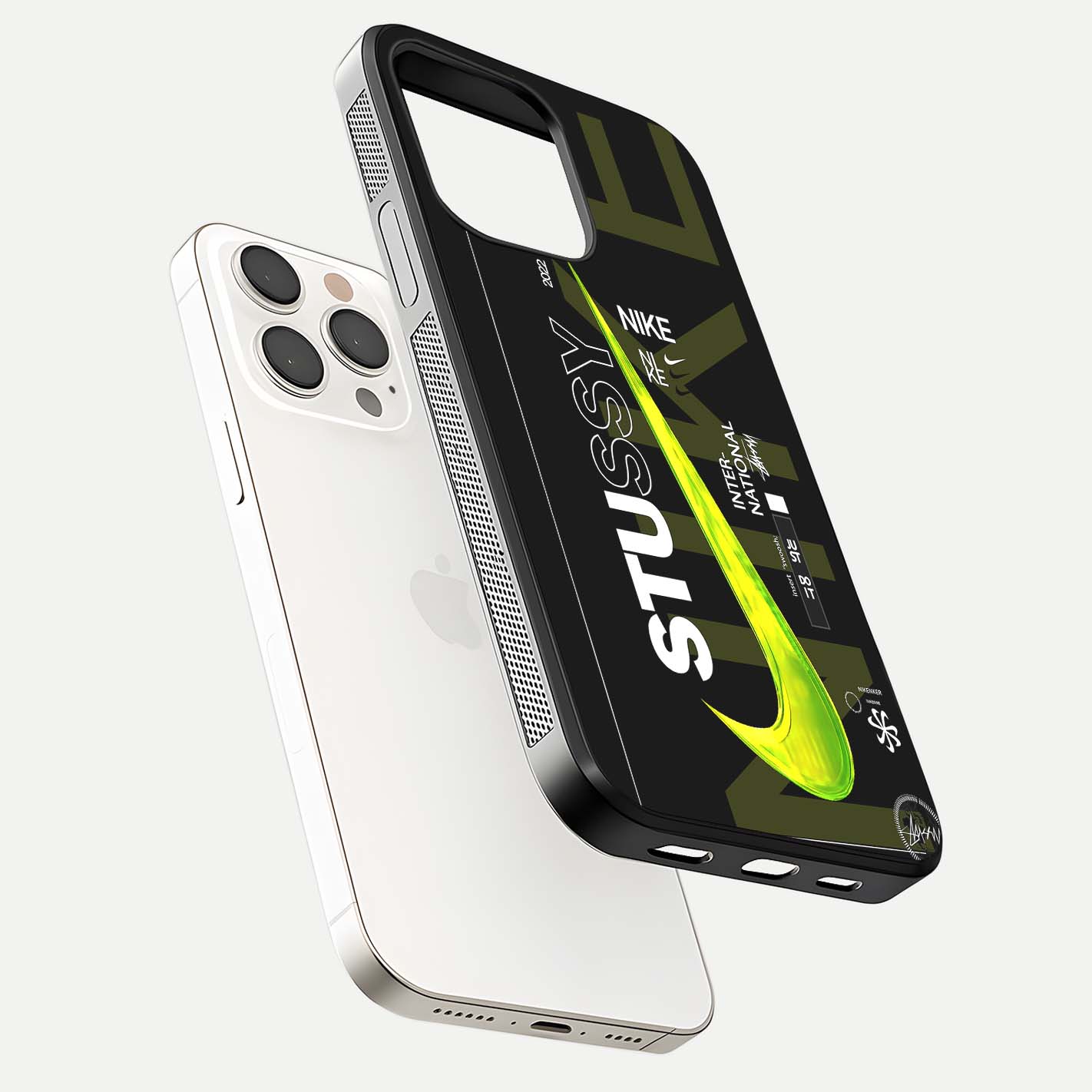 Neon Street Edition Glass Case for iPhone 15 Pro Max floating dual-view mockup showing HD gloss and neon glow