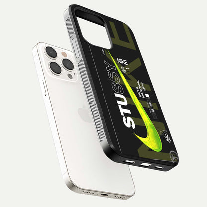 Neon Street Edition Glass Case for iPhone 15 Pro Max floating dual-view mockup showing HD gloss and neon glow