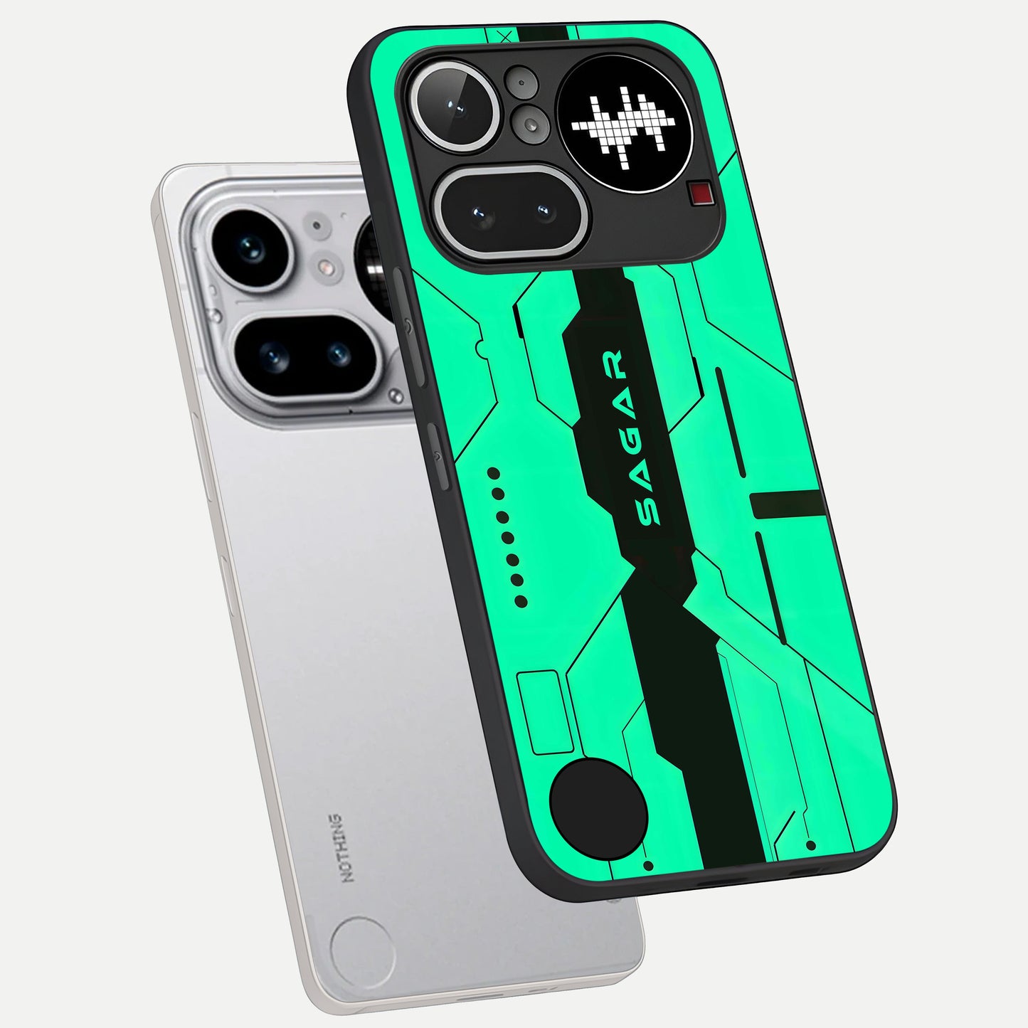  Aqua Tech CYBERPUNK Custom Name phone case For Nothing Phone 4A Pro showing premium glass back cover with detailed artwork
