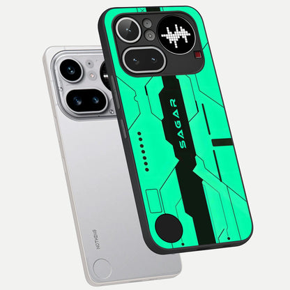  Aqua Tech CYBERPUNK Custom Name phone case For Nothing Phone 4A Pro showing premium glass back cover with detailed artwork