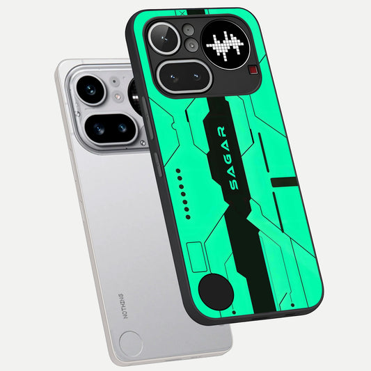  Aqua Tech CYBERPUNK Custom Name phone case For Nothing Phone 4A Pro showing premium glass back cover with detailed artwork