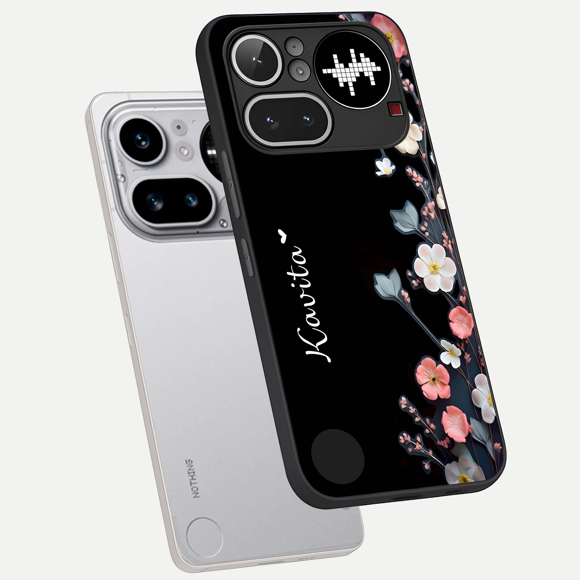  Black Elegance Floral Custom Name phone case For Nothing Phone 4A Pro showing premium glass back cover with detailed artwork