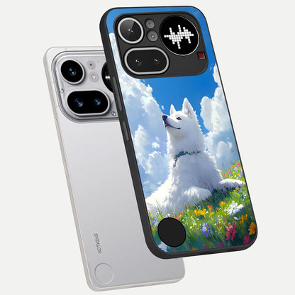  Blissful Cloud Pup phone case For Nothing Phone 4A Pro showing premium glass back cover with detailed artwork