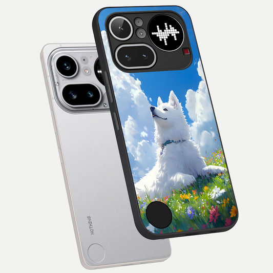  Blissful Cloud Pup phone case For Nothing Phone 4A Pro showing premium glass back cover with detailed artwork