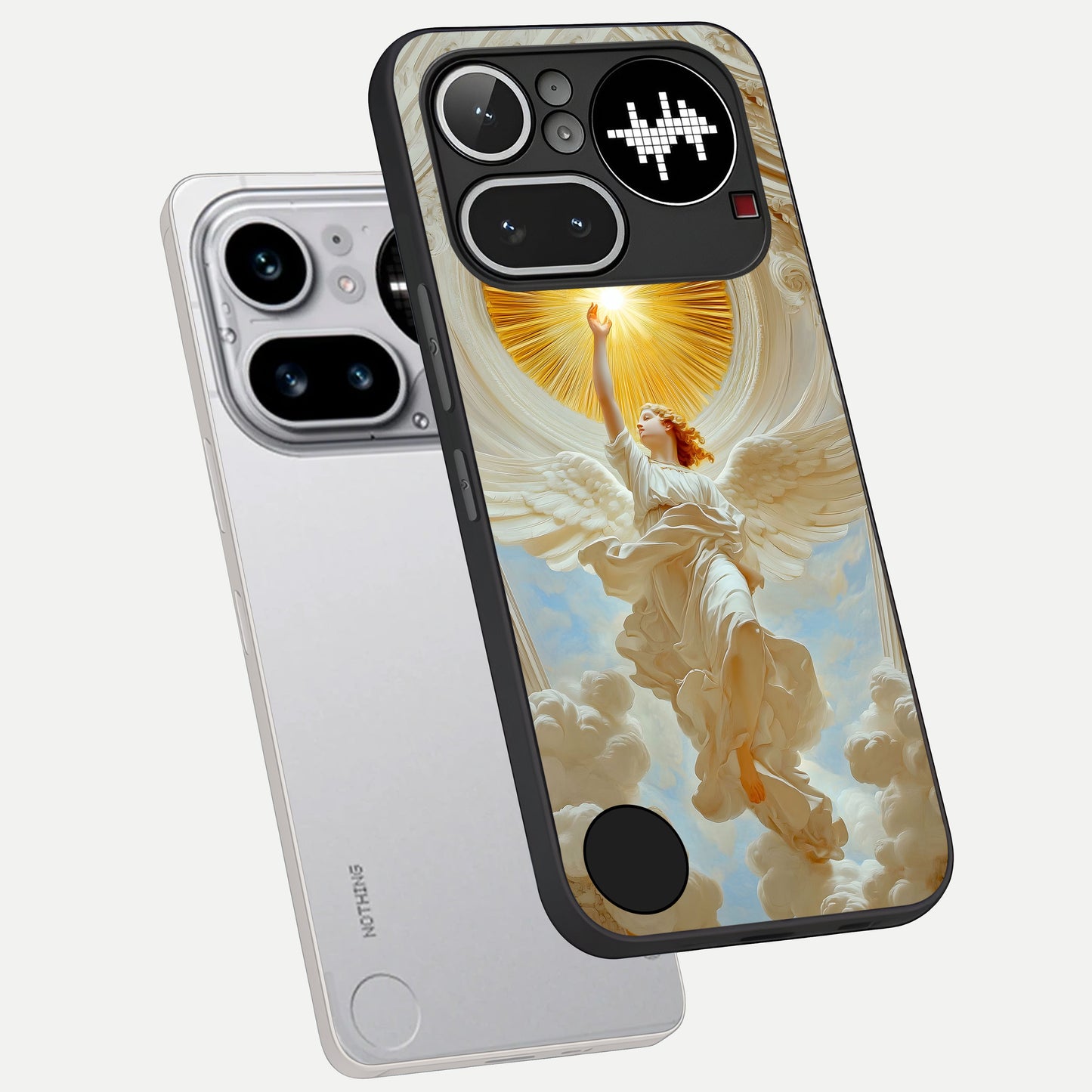  Divine Light Angel phone case For Nothing Phone 4A Pro showing premium glass back cover with detailed artwork