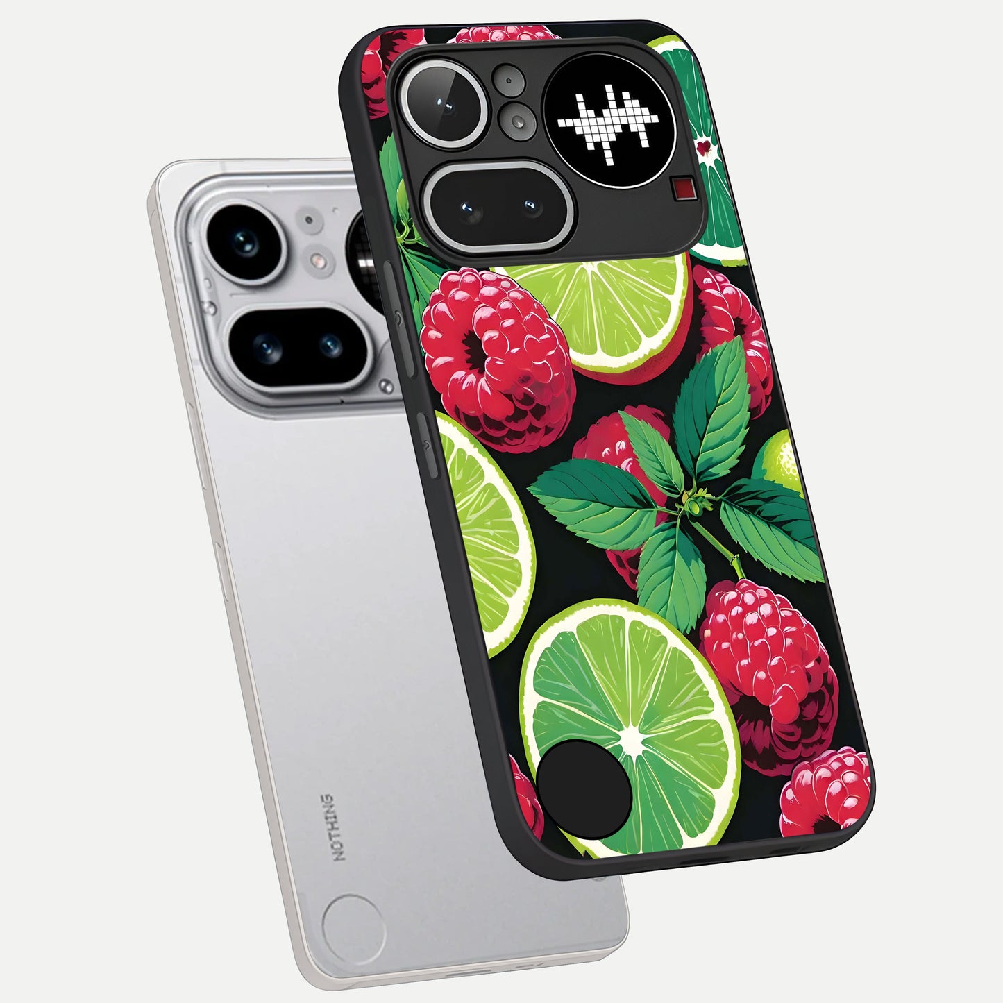  Lime and Raspberry Pattern phone case For Nothing Phone 4A Pro showing premium glass back cover with detailed artwork