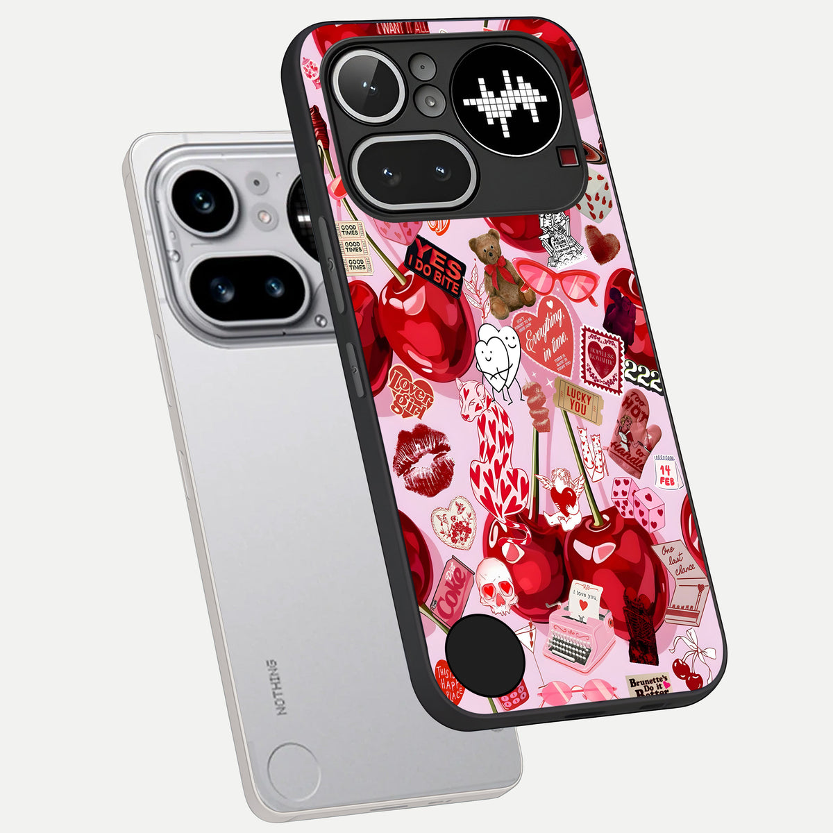  Sweet Cherry Chaos phone case For Nothing Phone 4A Pro showing premium glass back cover with detailed artwork