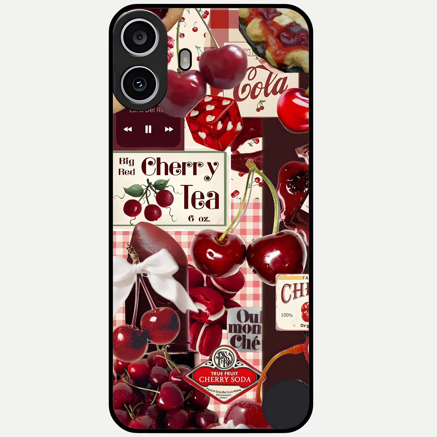 Aesthetic Cherry Tea Glass Case showing full back design in clean flat view with cherry collage details and glossy glass finish.