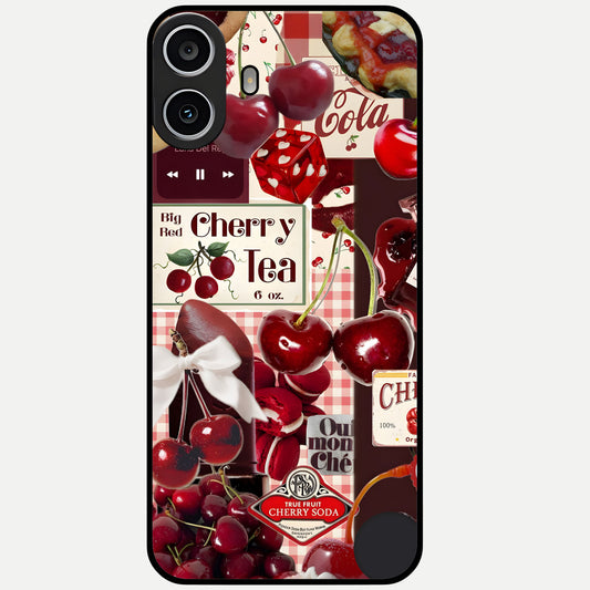 Aesthetic Cherry Tea Glass Case showing full back design in clean flat view with cherry collage details and glossy glass finish.