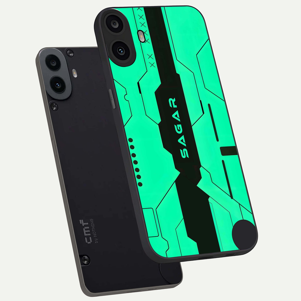  Aqua Tech CYBERPUNK Custom Name phone case For CMF Phone 1 showing premium glass back cover with detailed artwork