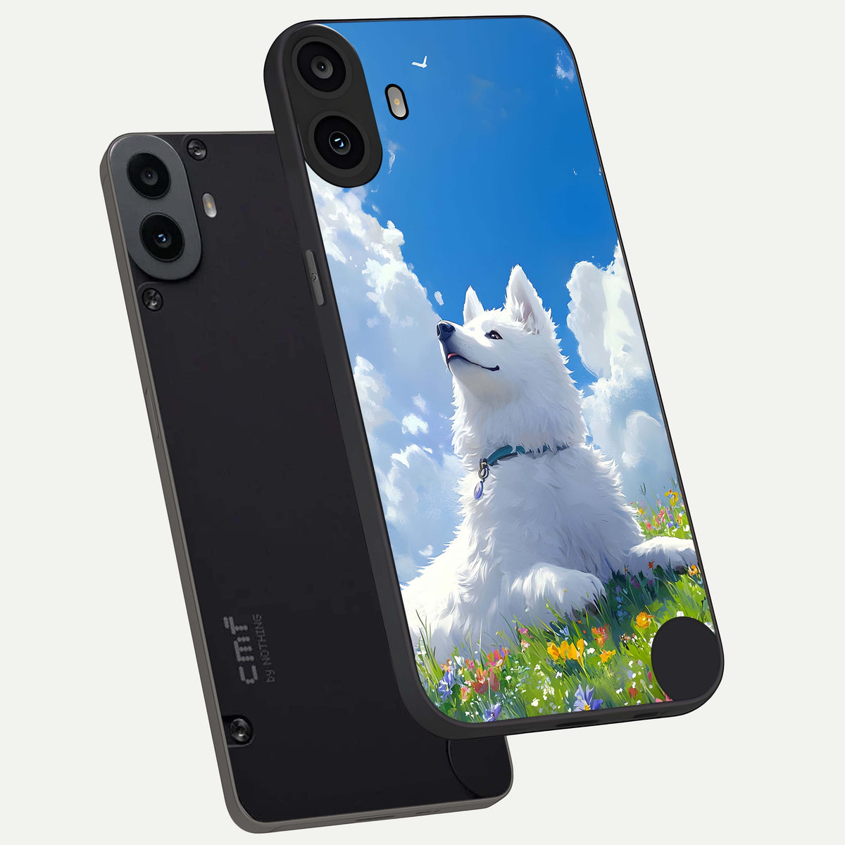  Blissful Cloud Pup phone case For CMF Phone 1 showing premium glass back cover with detailed artwork