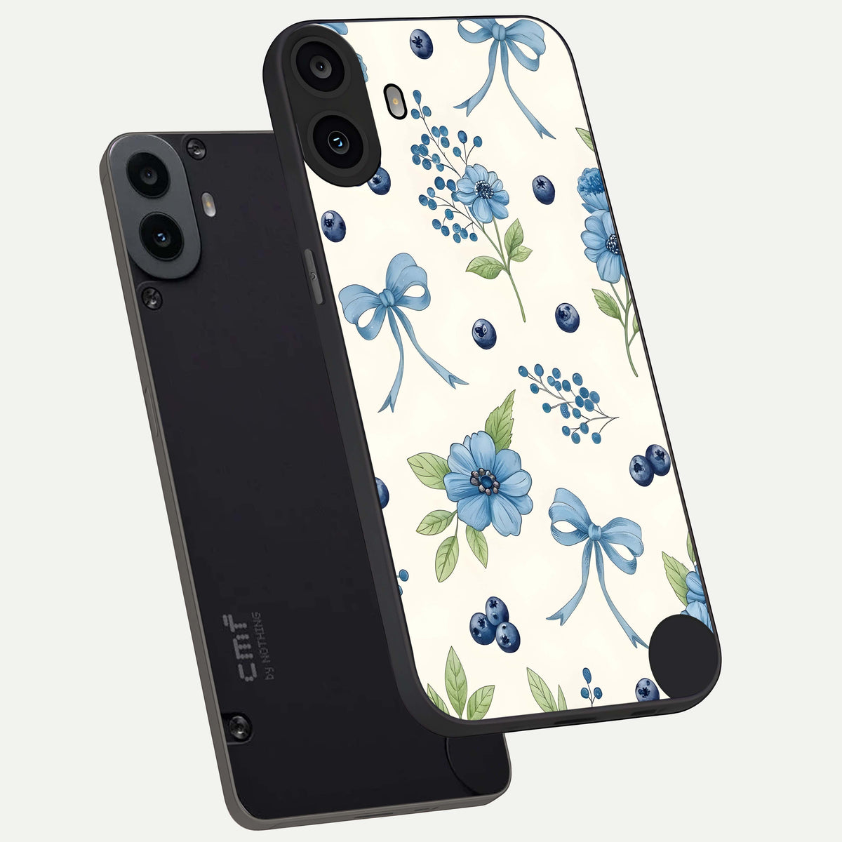  Blue Flower And Bow phone case For CMF Phone 1 showing premium glass back cover with detailed artwork