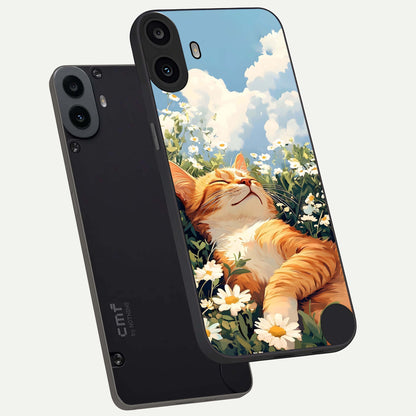  Cat And Flowers View phone case For CMF Phone 1 showing premium glass back cover with detailed artwork