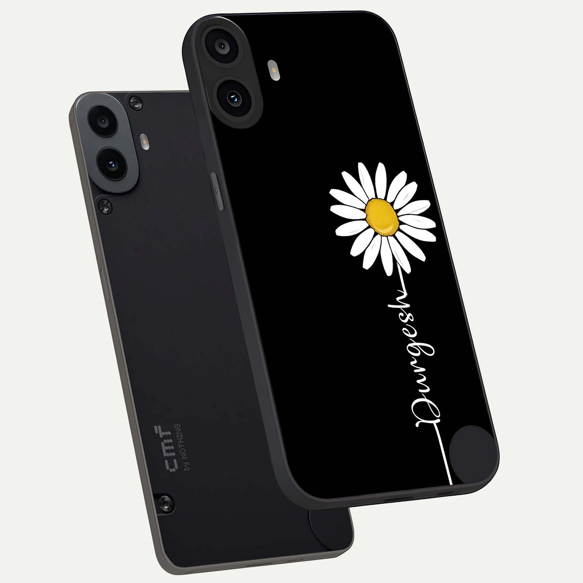  Custom Name White Flower phone case For CMF Phone 1 showing premium glass back cover with detailed artwork