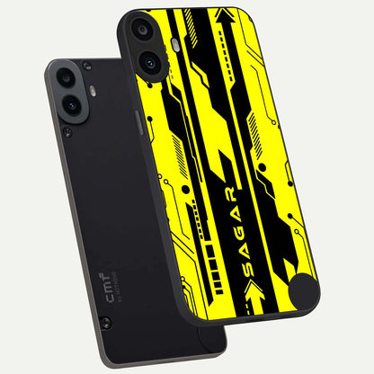  Electric Pulse CYBERPUNK Custom Name phone case For CMF Phone 1 showing premium glass back cover with detailed artwork