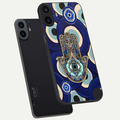  Hamsa Divine Guard phone case For CMF Phone 1 showing premium glass back cover with detailed artwork