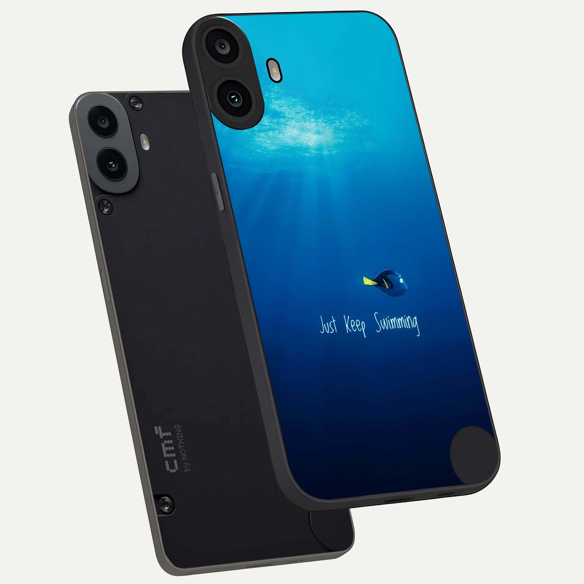  Just Keep Swimming phone case For CMF Phone 1 showing premium glass back cover with detailed artwork