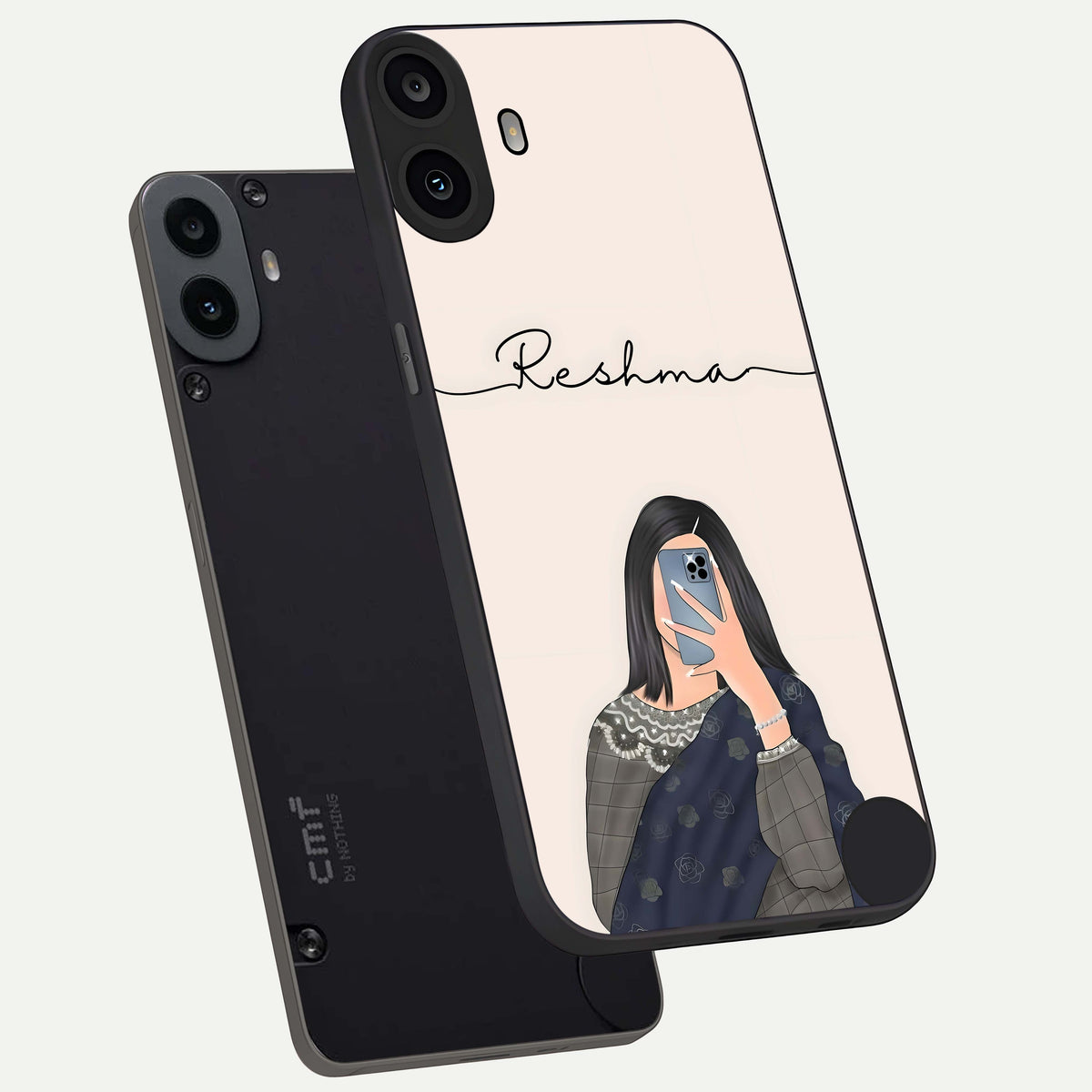  Mirror Mood Muse With Custom Name phone case For CMF Phone 1 showing premium glass back cover with detailed artwork