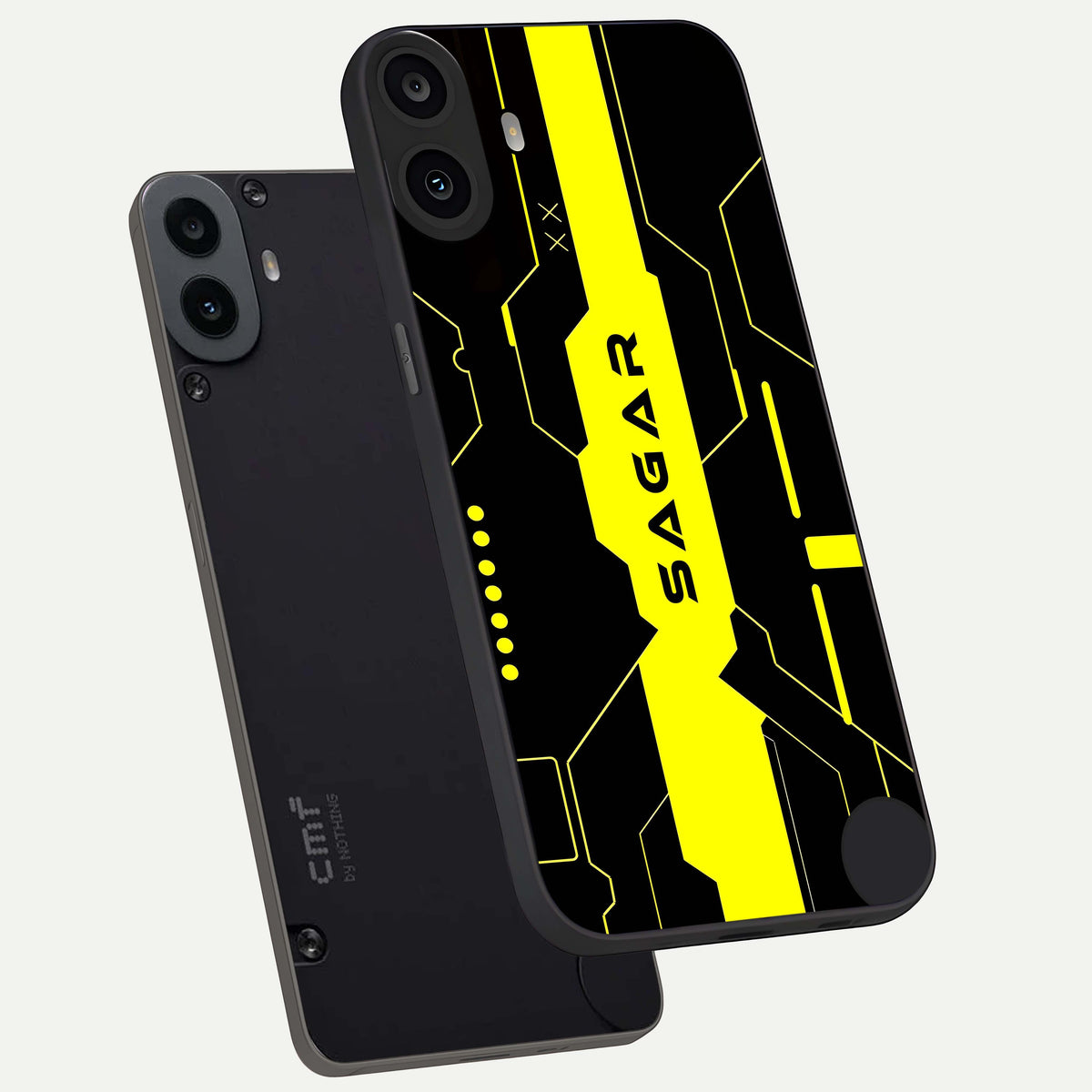  Neon CYBERPUNK Custom Name phone case For CMF Phone 1 showing premium glass back cover with detailed artwork