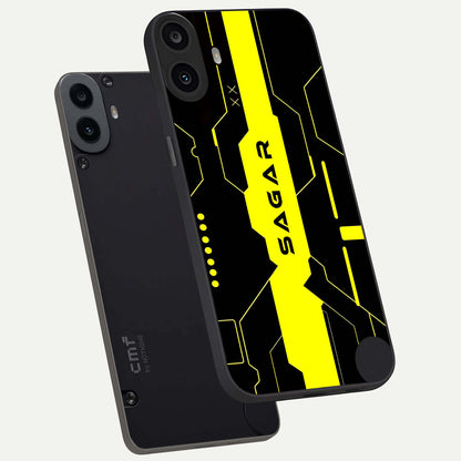  Neon CYBERPUNK Custom Name phone case For CMF Phone 1 showing premium glass back cover with detailed artwork
