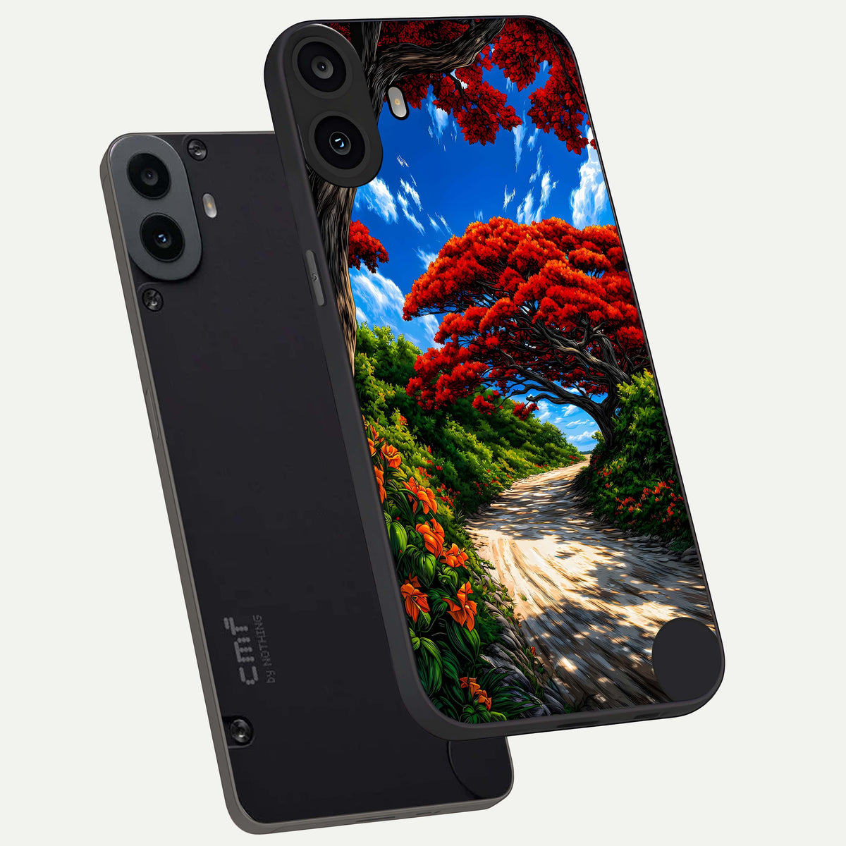  Red Trees Pathway phone case For CMF Phone 1 showing premium glass back cover with detailed artwork