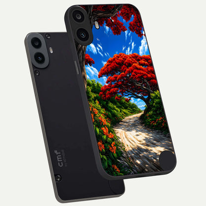  Red Trees Pathway phone case For CMF Phone 1 showing premium glass back cover with detailed artwork