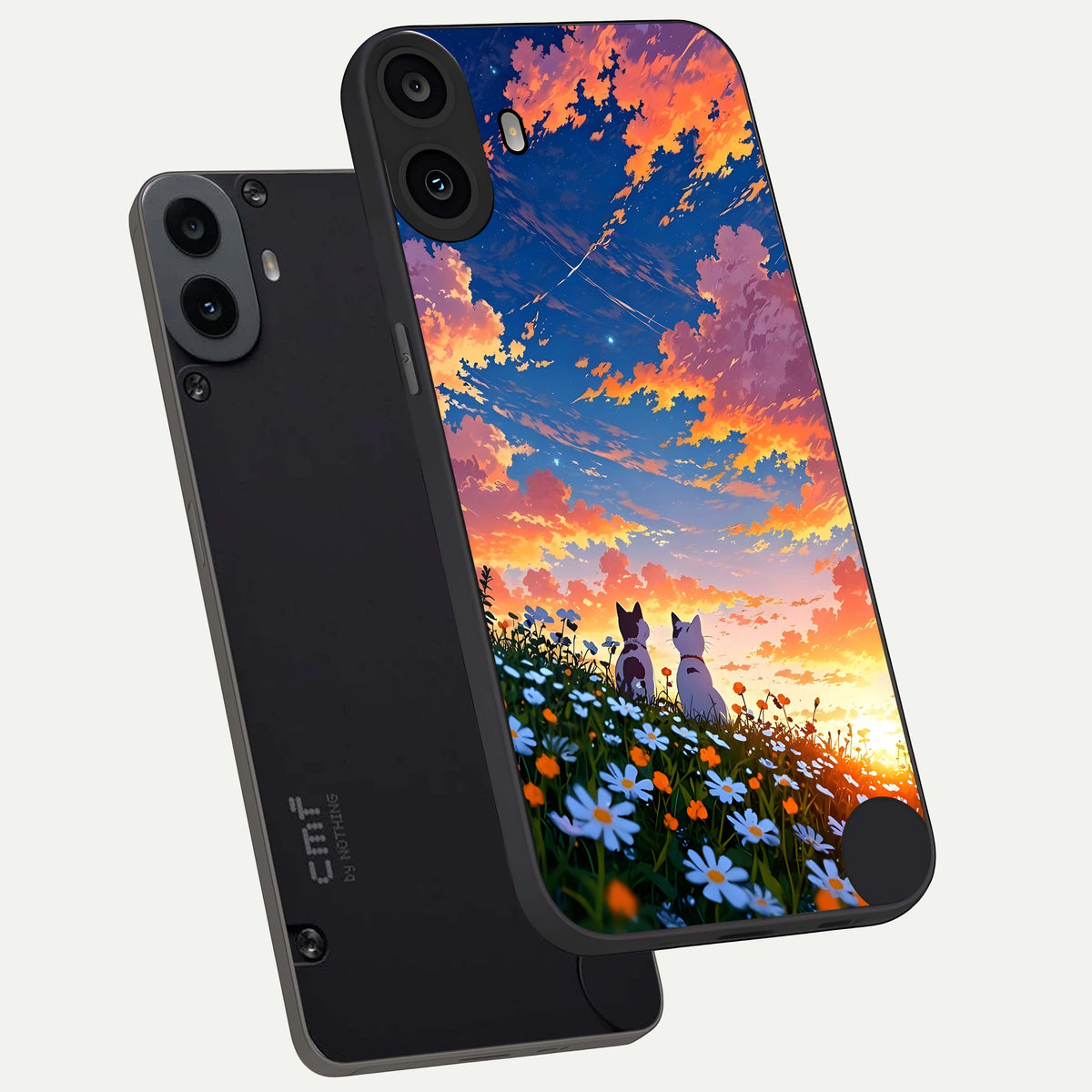  Two Cats Friends phone case For CMF Phone 1 showing premium glass back cover with detailed artwork