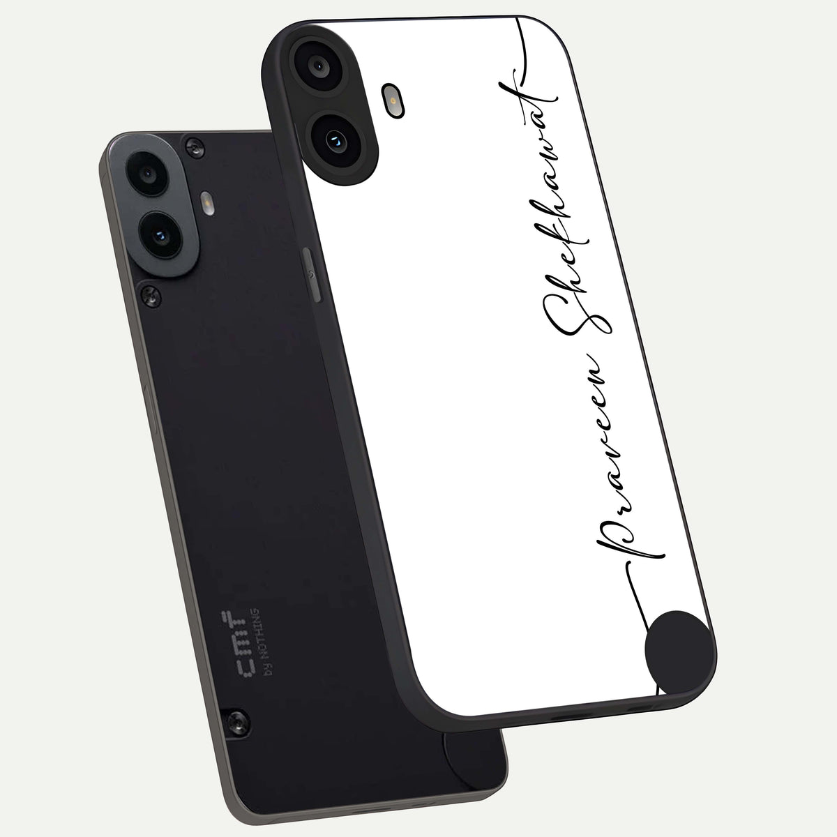  White Tune Custom Name phone case For CMF Phone 1 showing premium custom name glass back cover