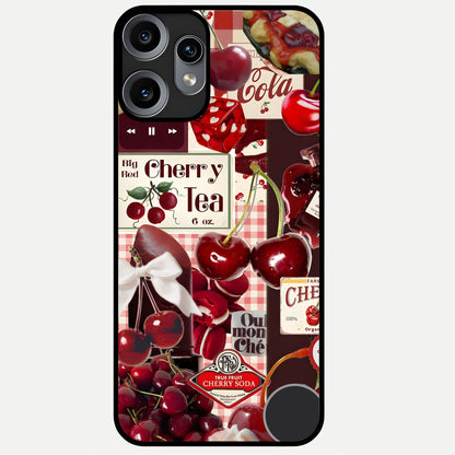 Aesthetic Cherry Tea Glass Case showing full back design in clean flat view with cherry collage details and glossy glass finish.