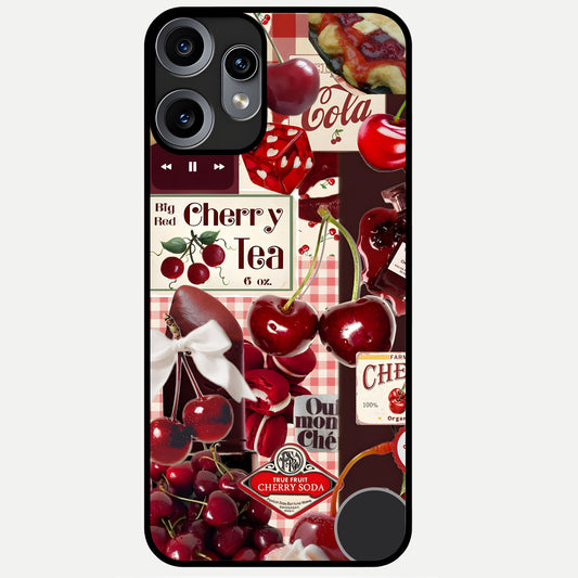 Aesthetic Cherry Tea Glass Case showing full back design in clean flat view with cherry collage details and glossy glass finish.