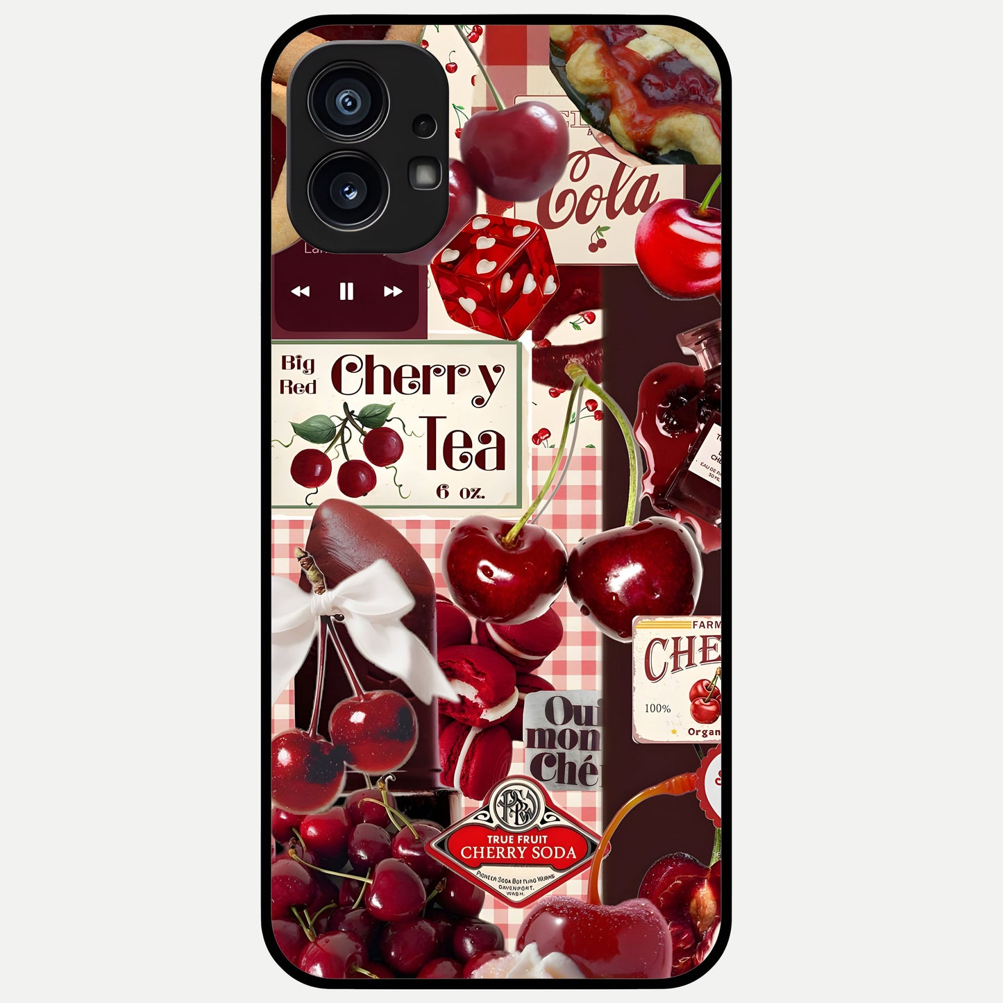 Aesthetic Cherry Tea Glass Case showing full back design in clean flat view with cherry collage details and glossy glass finish.