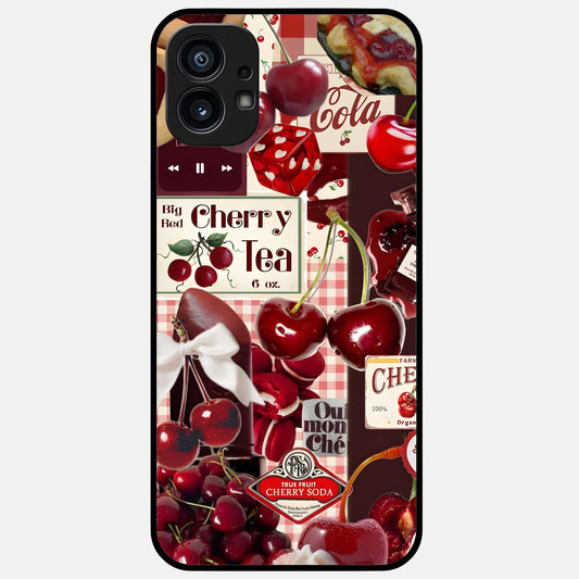 Aesthetic Cherry Tea Glass Case showing full back design in clean flat view with cherry collage details and glossy glass finish.