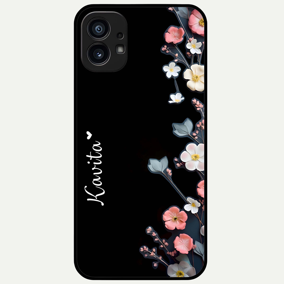  Black Elegance Floral Custom Name Glass Case For Nothing Phone 1 back cover – full design glossy printed glass finish