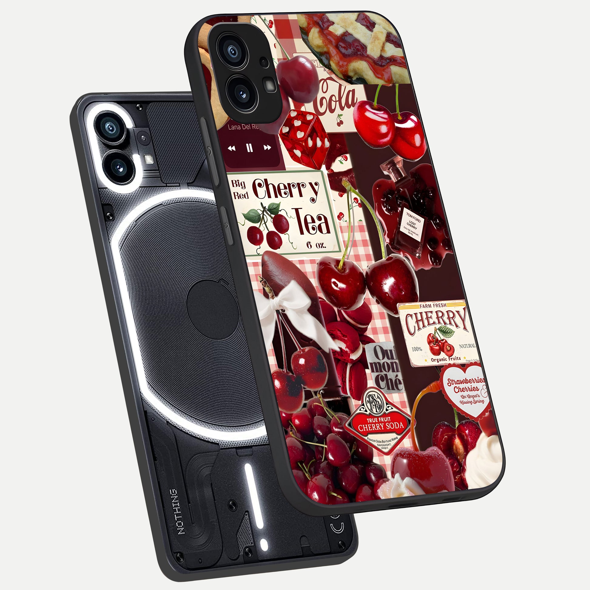 Aesthetic Cherry Tea Glass Case captured at a warm angle highlighting rich red tones, gloss, and edge clarity.