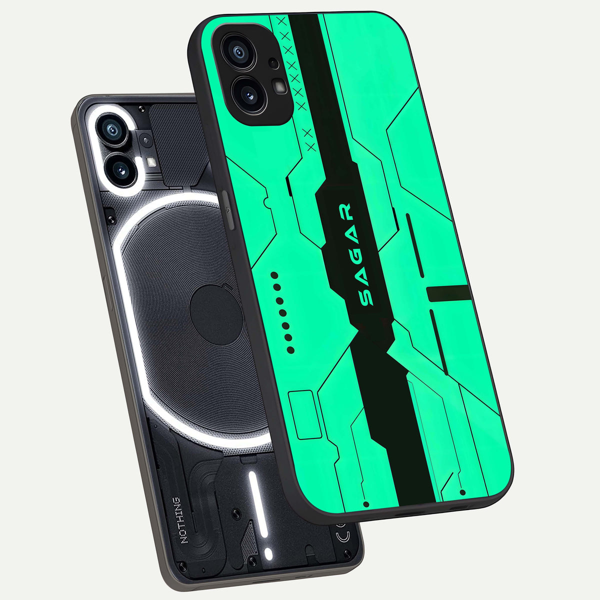  Aqua Tech CYBERPUNK Custom Name phone case For Nothing Phone 1 showing premium glass back cover with detailed artwork