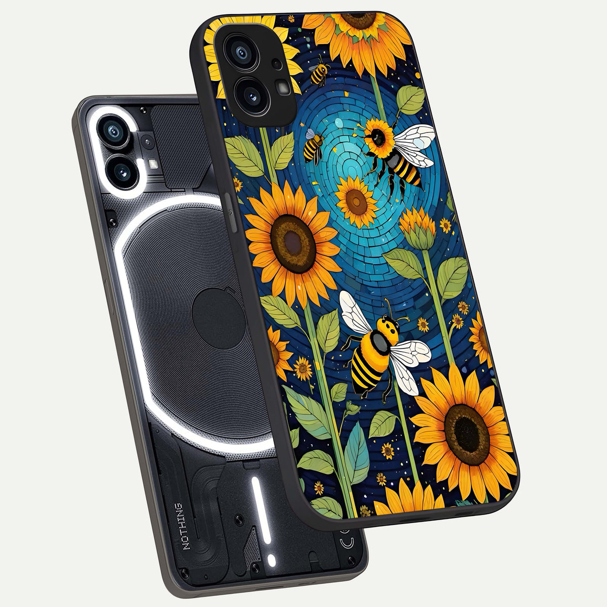  Bees And Sunflowers phone case For Nothing Phone 1 showing premium glass back cover with detailed artwork