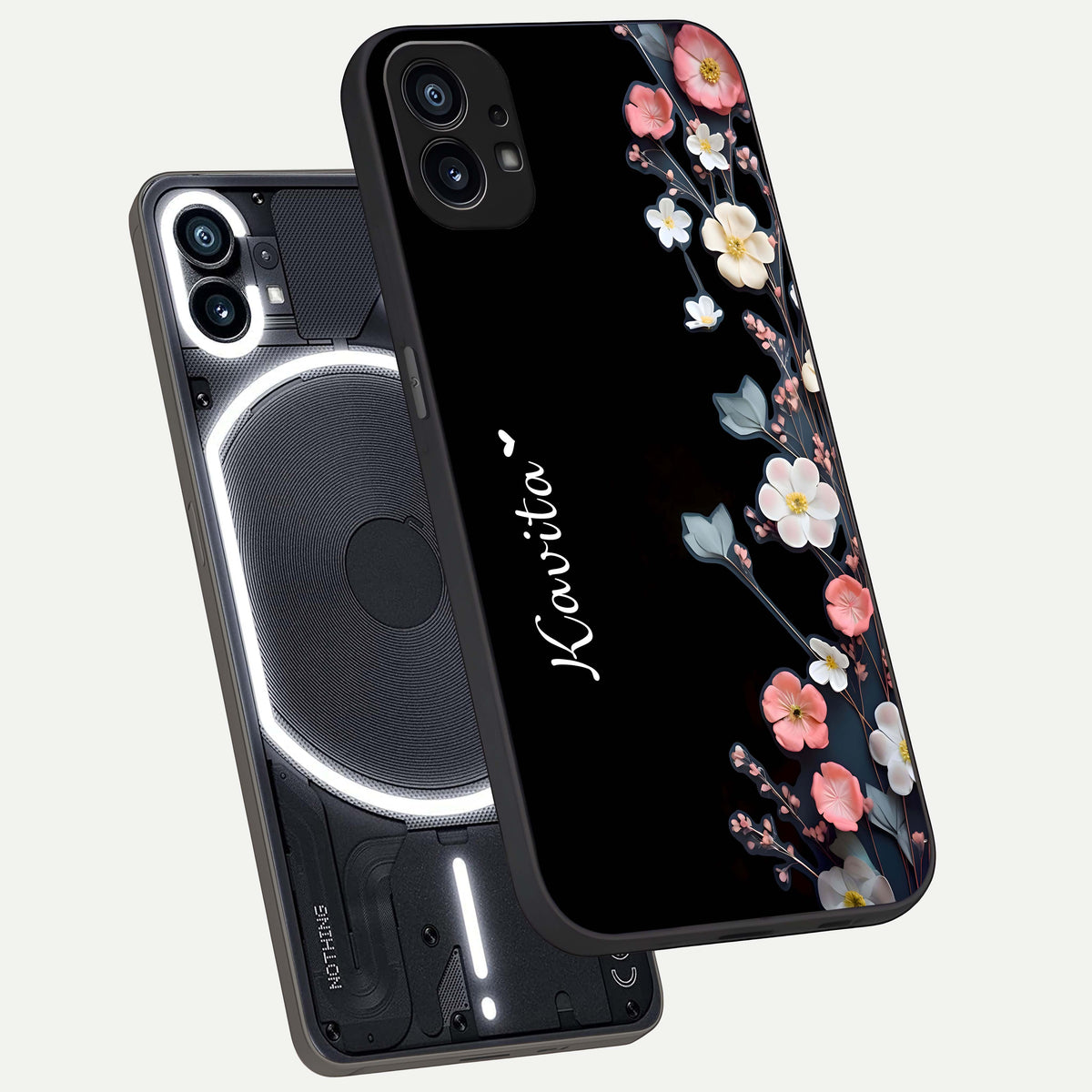  Black Elegance Floral Custom Name phone case For Nothing Phone 1 showing premium glass back cover with detailed artwork