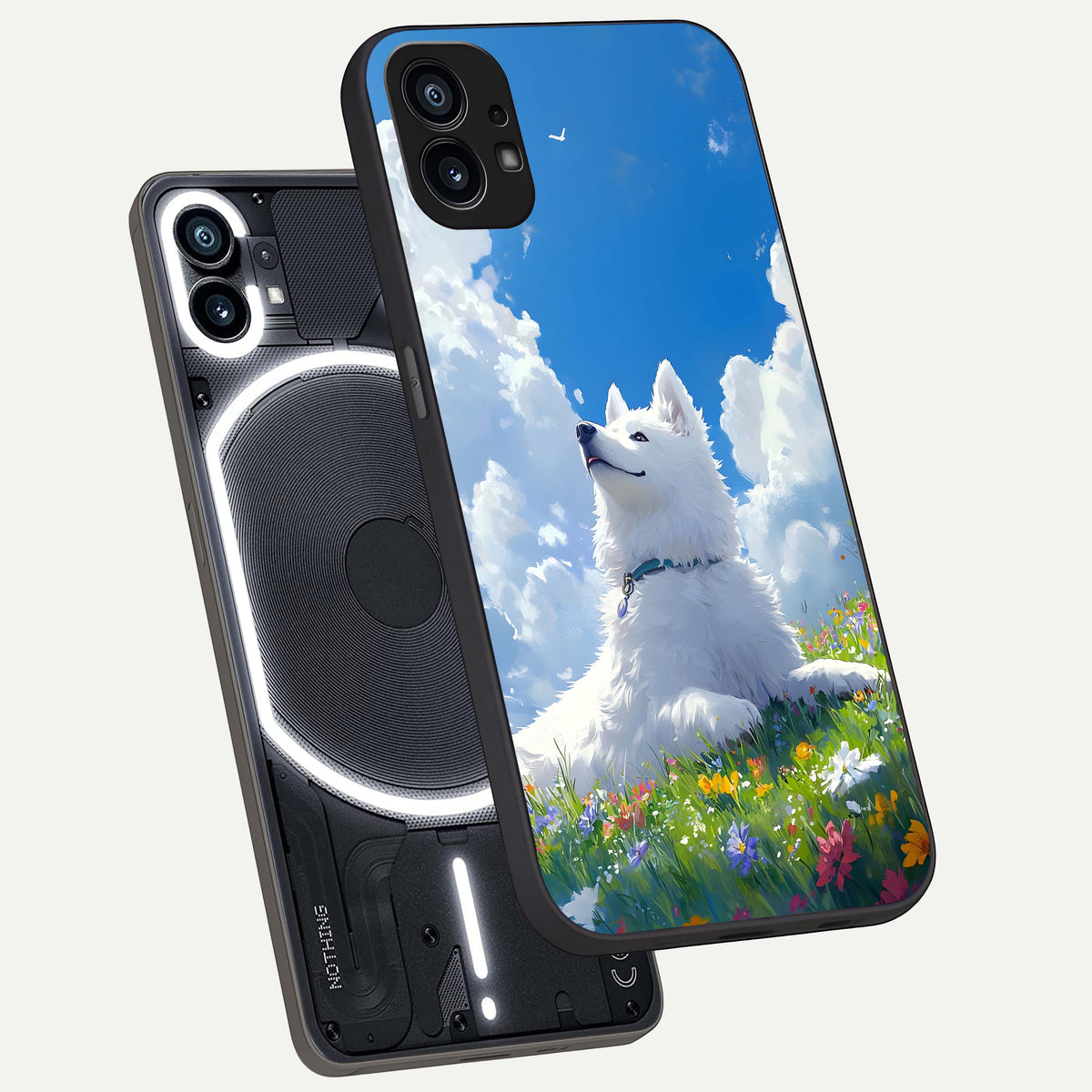  Blissful Cloud Pup phone case For Nothing Phone 1 showing premium glass back cover with detailed artwork