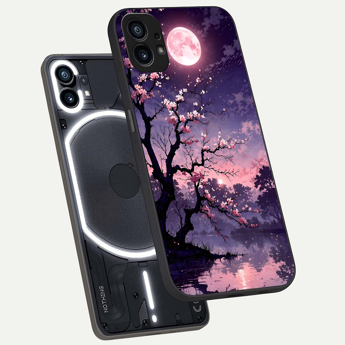 Blossom Pink Moon phone case For Nothing Phone 1 showing premium glass back cover with detailed artwork