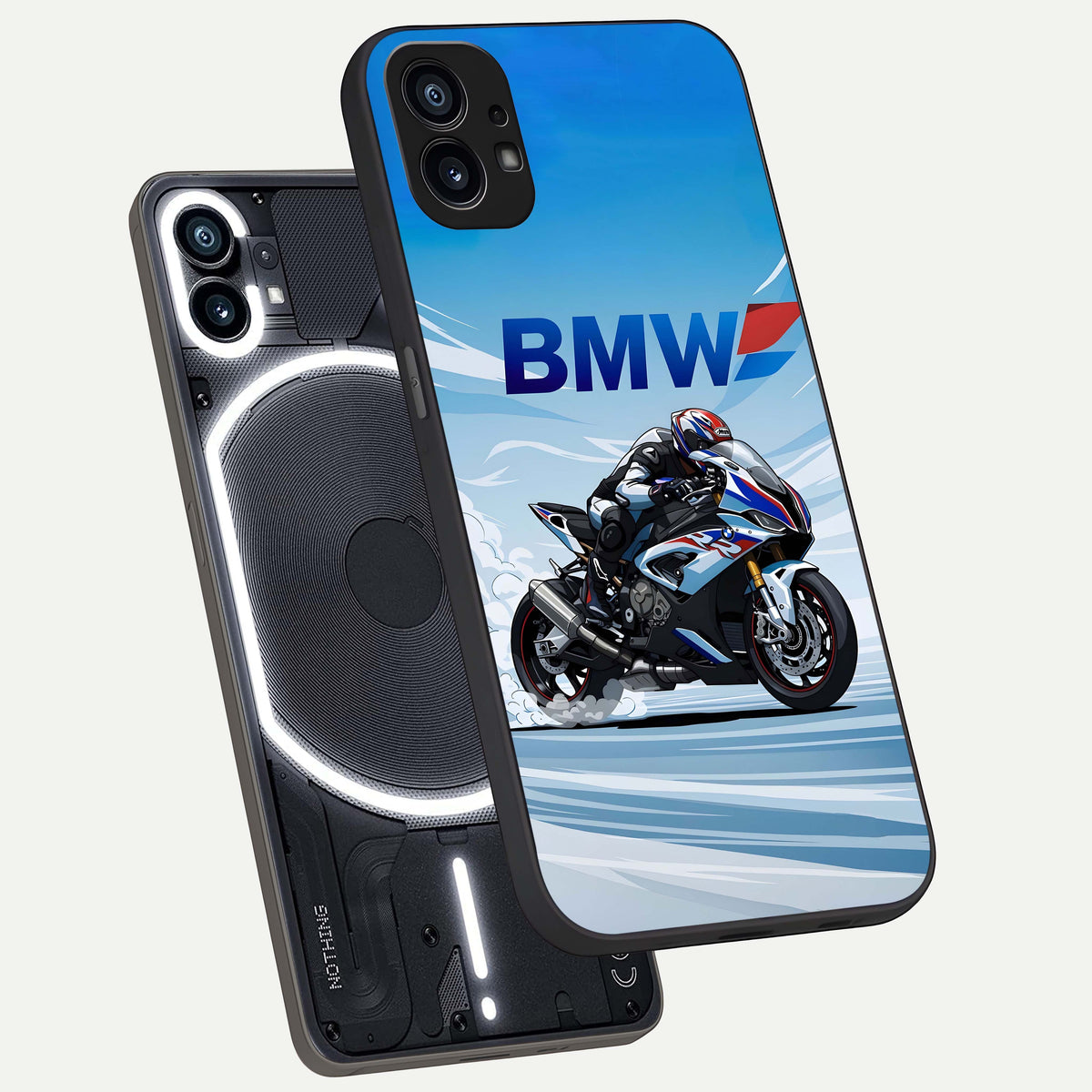  BMW Power Drift phone case For Nothing Phone 1 showing premium glass back cover with detailed artwork