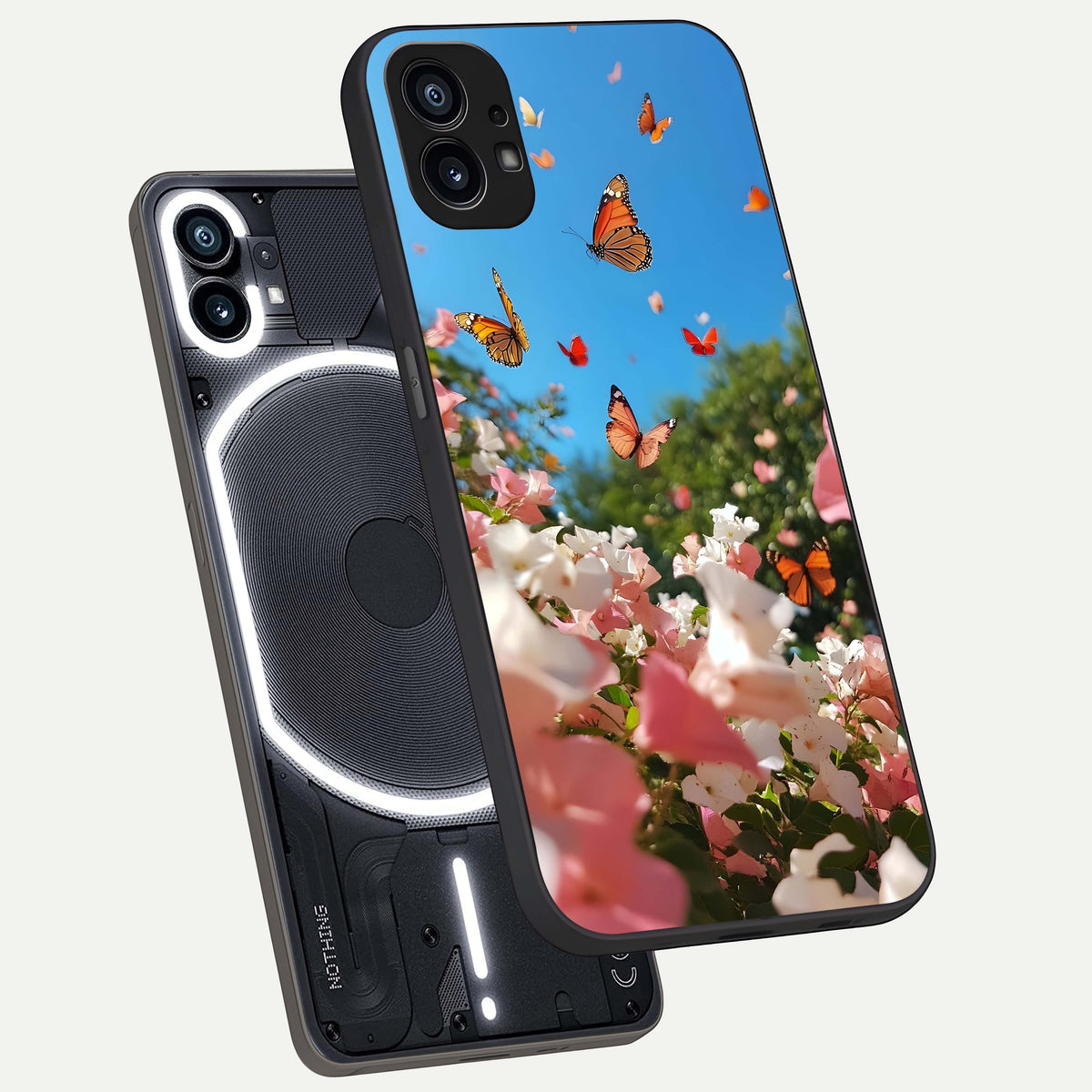  Butterflies In Bloom Sky phone case For Nothing Phone 1 showing premium glass back cover with detailed artwork