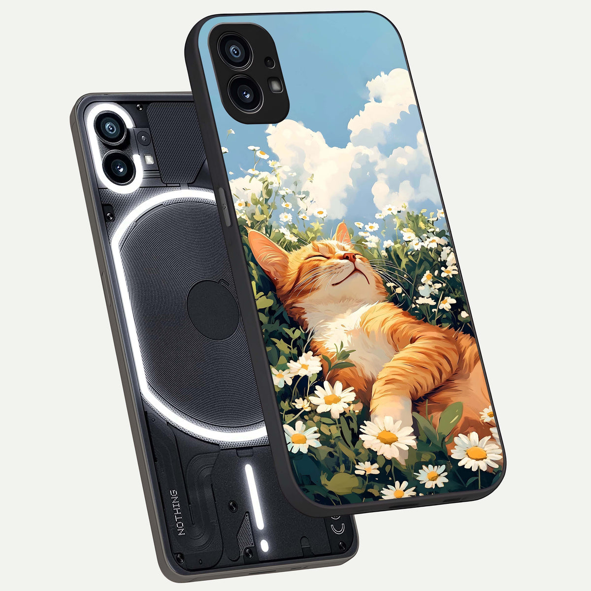  Cat And Flowers View phone case For Nothing Phone 1 showing premium glass back cover with detailed artwork