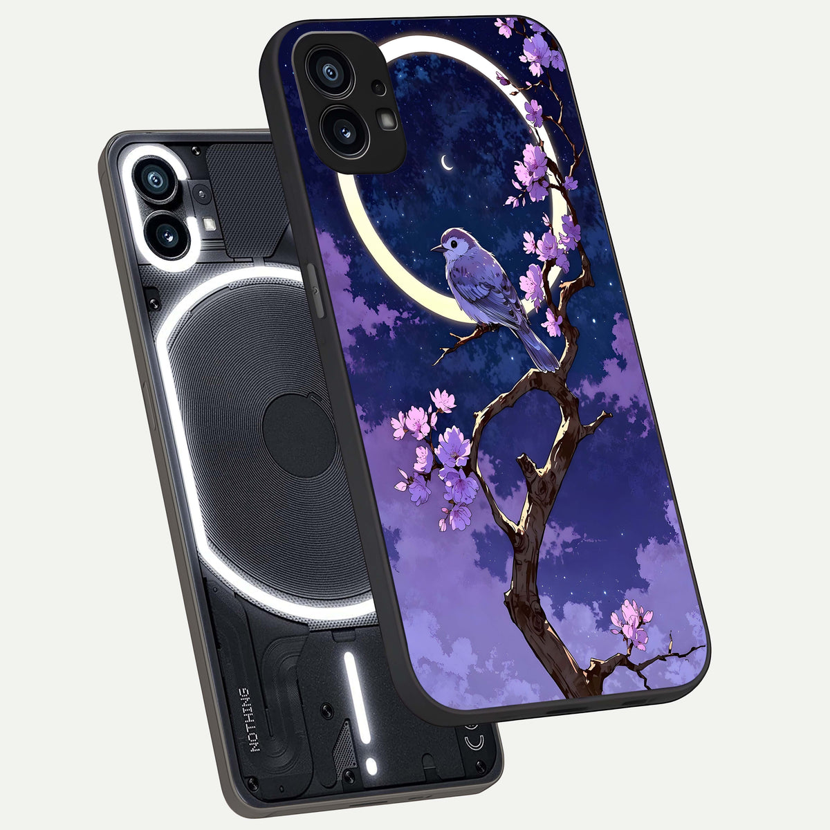  Celestial Bird Blossom phone case For Nothing Phone 1 showing premium glass back cover with detailed artwork