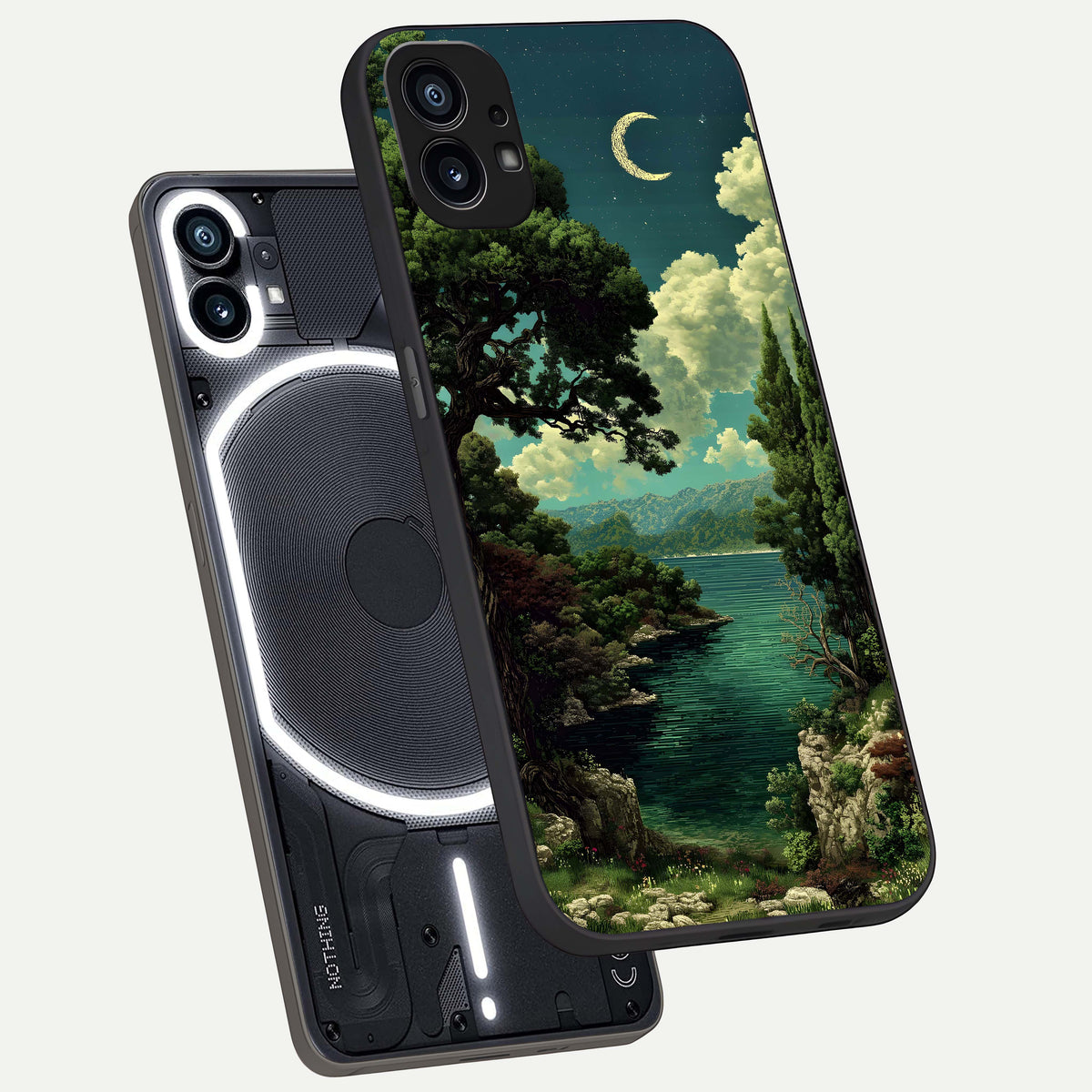  Celestial Lake Peace phone case For Nothing Phone 1 showing premium glass back cover with detailed artwork