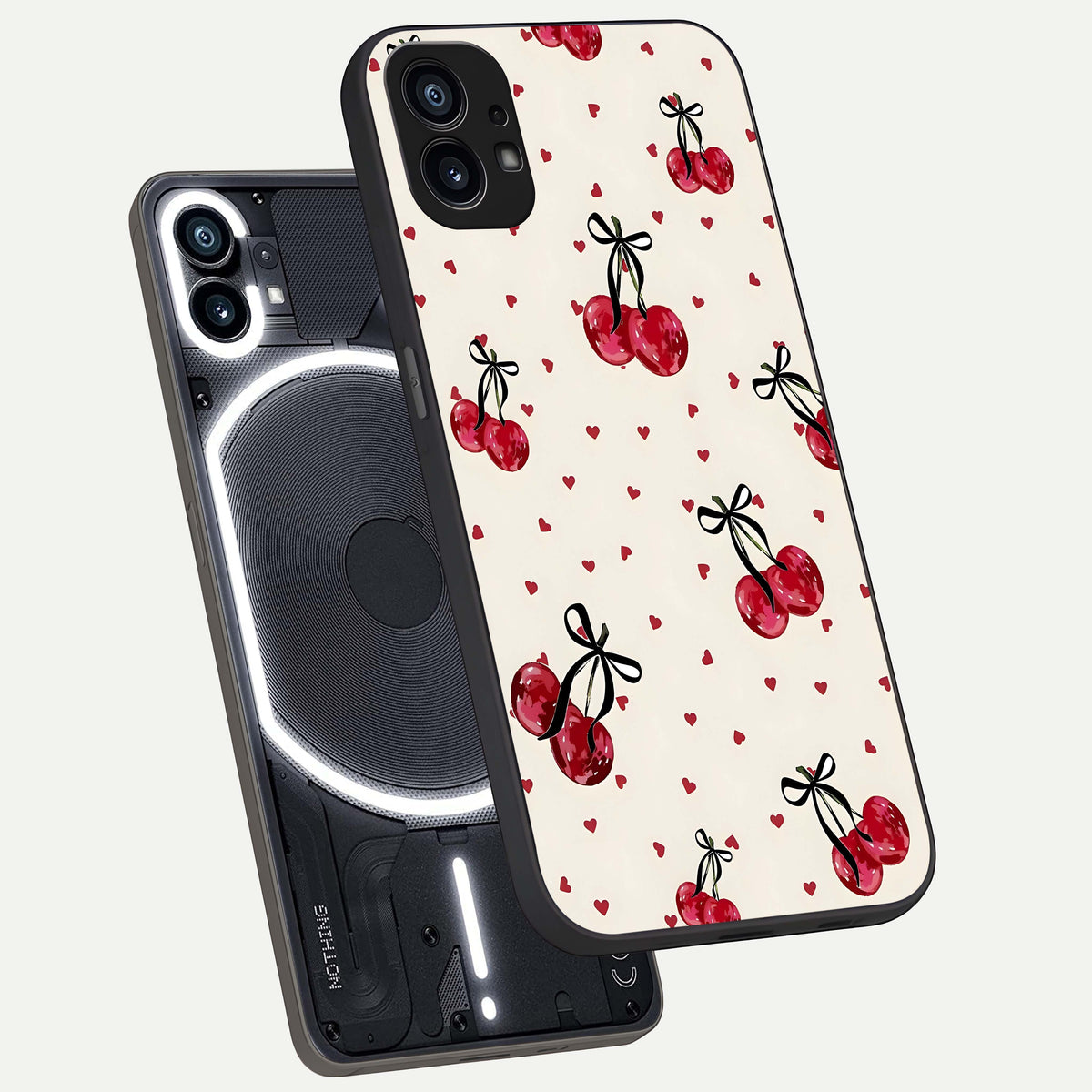  Cherry Heart Bow phone case For Nothing Phone 1 showing premium glass back cover with detailed artwork