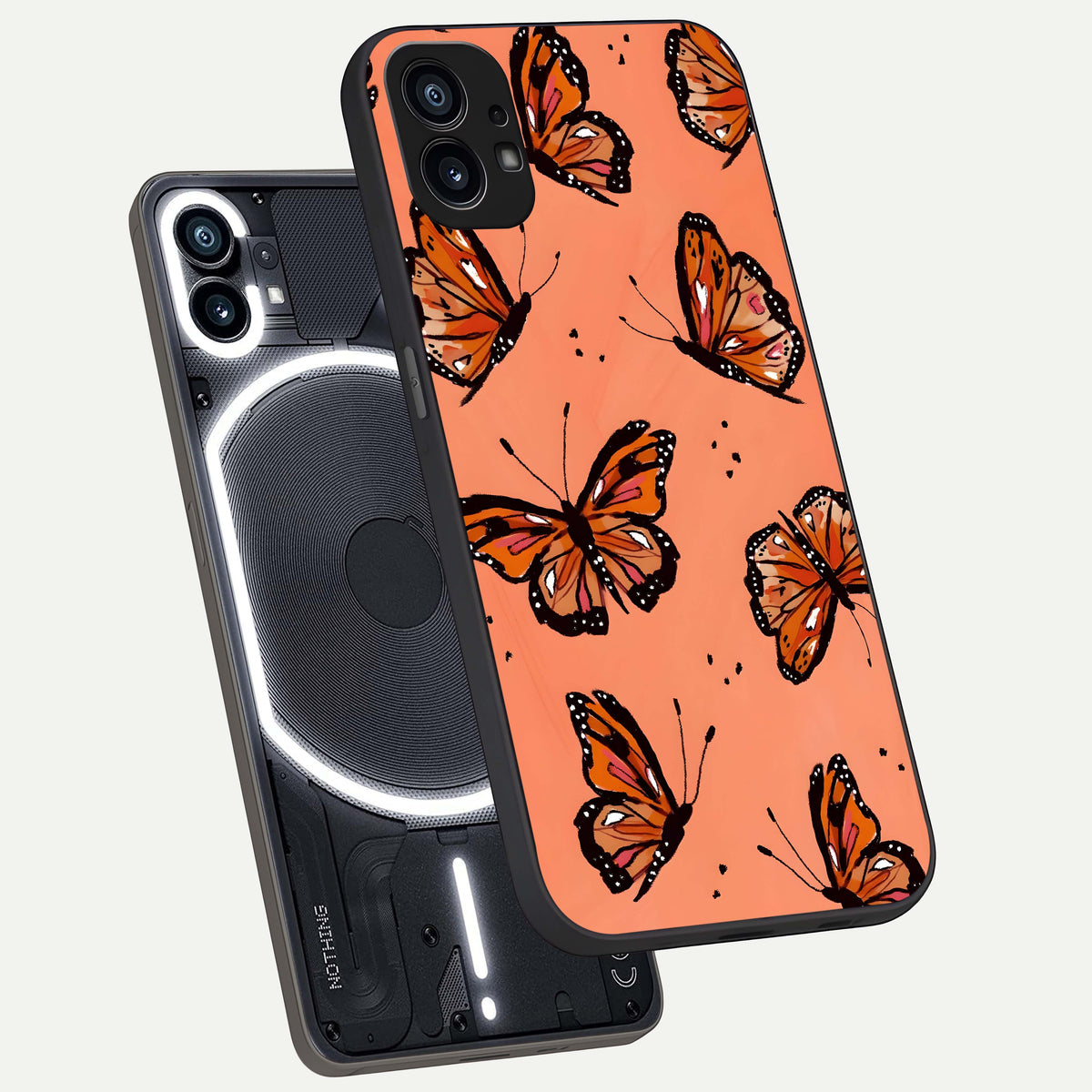  Coral Wing Butterfly phone case For Nothing Phone 1 showing premium glass back cover with detailed artwork