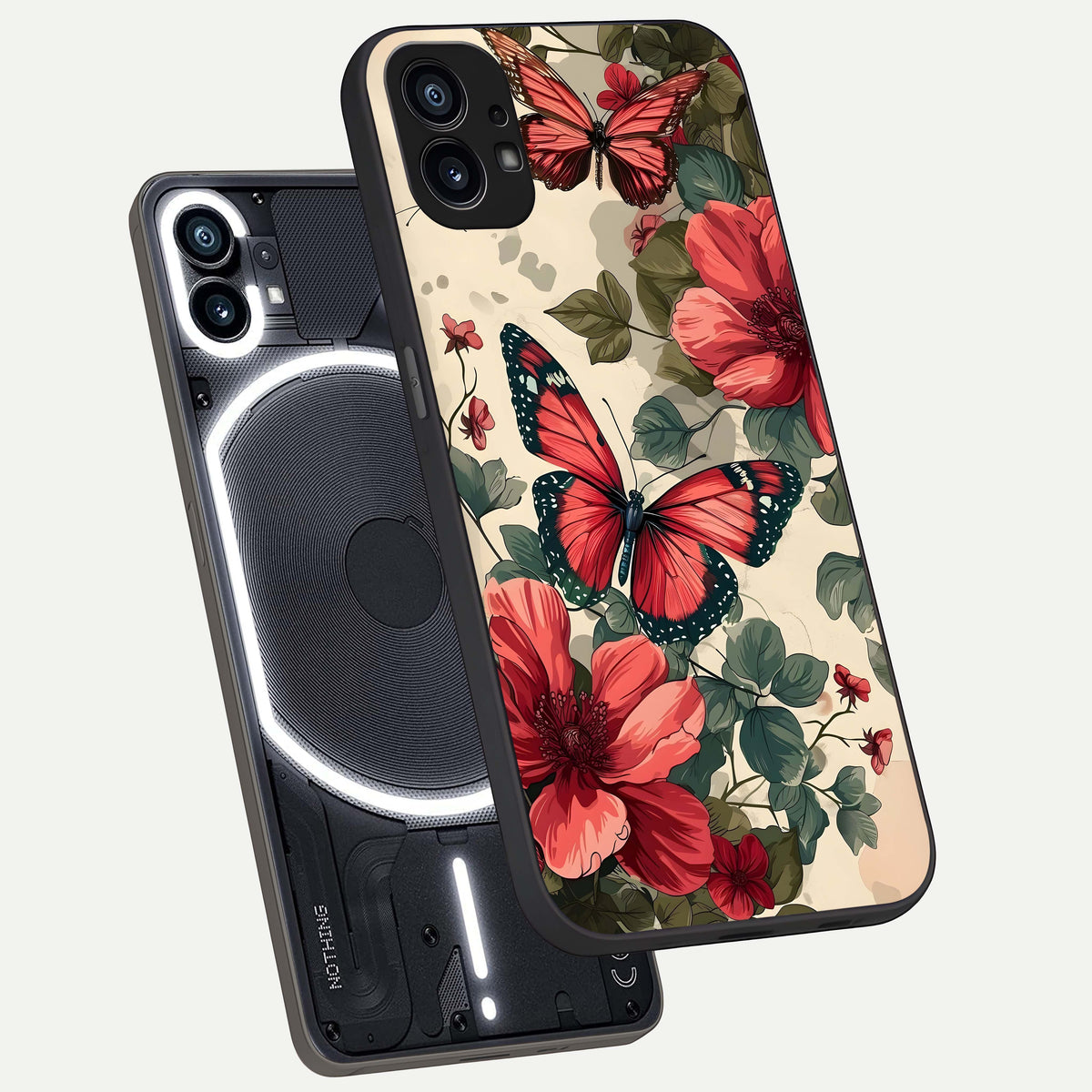  Crimson Butterfly Garden phone case For Nothing Phone 1 showing premium glass back cover with detailed artwork