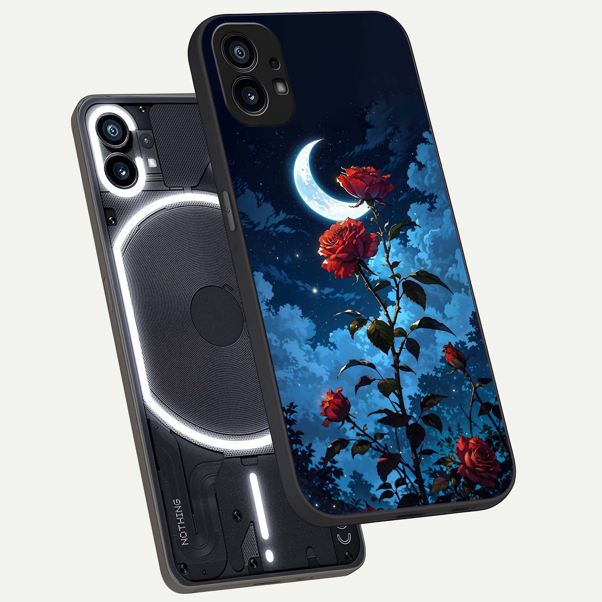  Crimson Rose Moon phone case For Nothing Phone 1 showing premium glass back cover with detailed artwork