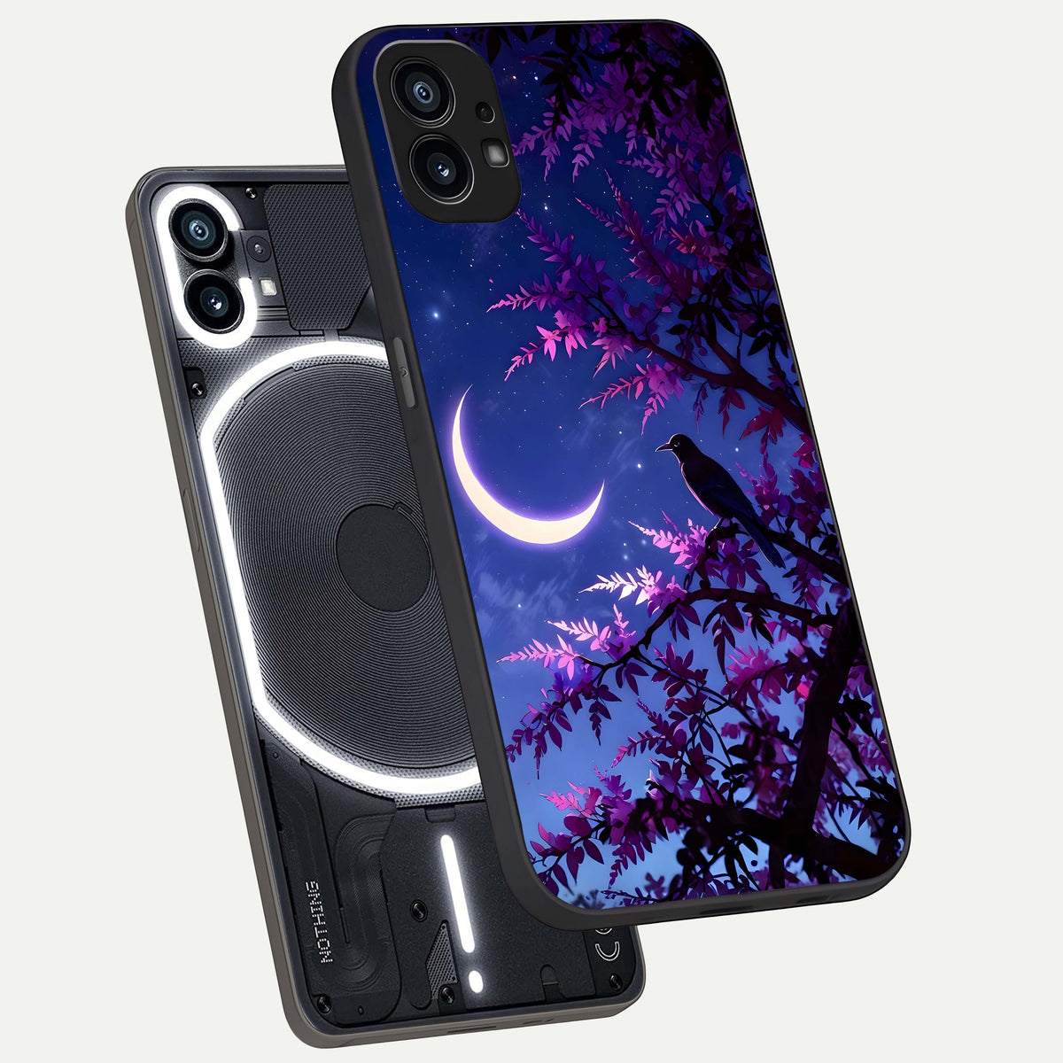  Crow And Moon Scenery phone case For Nothing Phone 1 showing premium glass back cover with detailed artwork